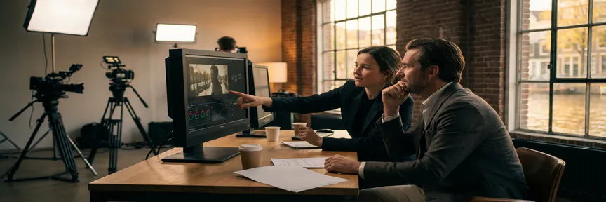 Videodirecteur en zakelijke klant bekijken footage op een bioscoopmonitor in een Amsterdams studio met cameraapparatuur en zacht licht.