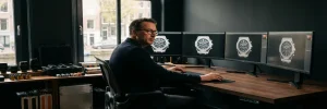 Videodirecteur beoordeelt merkbeelden op meerdere monitoren in modern Amsterdams productiestudio met camera-apparatuur op de voorgrond.