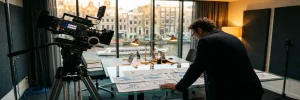 Videodirecteur bekijkt storyboardframes op glazen bureau met cinematografische camera op statief, Amsterdams grachtenpand op achtergrond.