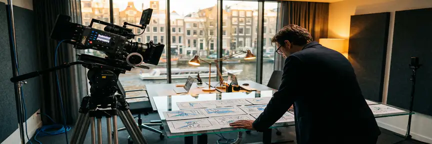 Videodirecteur bekijkt storyboardframes op glazen bureau met cinematografische camera op statief, Amsterdams grachtenpand op achtergrond.