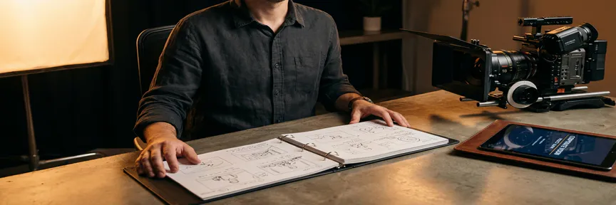 Videodirecteur vergelijkt twee storyboards op productiebureau naast een cameraset-up, warm amberkleurig studiolicht.