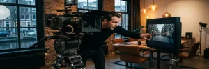 Videodirecteur bekijkt footage op studiomonitor, filmcamera op statief op de voorgrond, warm verlichte creatieve werkruimte in Amsterdam.