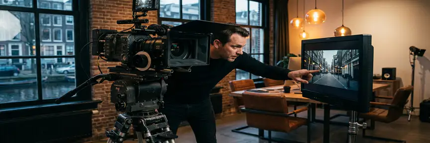 Videodirecteur bekijkt footage op studiomonitor, filmcamera op statief op de voorgrond, warm verlichte creatieve werkruimte in Amsterdam.