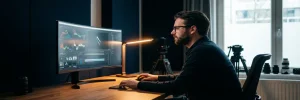 Videomonteur bestudeert kleurrijke analysegrafieken op groot scherm in Amsterdams studio, warme bureaulamp contrasteert blauwe schermgloed.