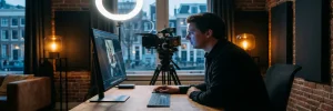 Videograaf bekijkt verticale social media-beelden op monitor in modern Amsterdam studio, cinema camera en ringlicht op achtergrond.