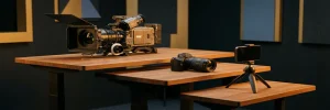 Drie videocamera's op een studiodesk: grote cinecamera centraal, spiegelloze camera en smartphone op statief, verlicht door warm amberkleurig licht.