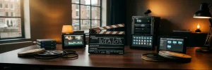 Videoproductieklapper op een moderne montagetafel omringd door schermen, harde schijven en filmrollen in een Amsterdams studio.