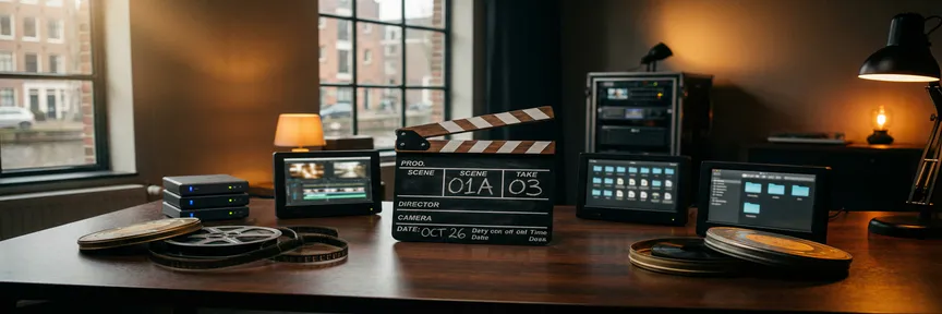 Videoproductieklapper op een moderne montagetafel omringd door schermen, harde schijven en filmrollen in een Amsterdams studio.