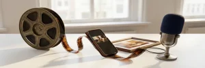 Filmrol op wit bureau transformeert naar smartphone, foto en podcastmicrofoon in Amsterdam studio met warm amberkleurig licht.
