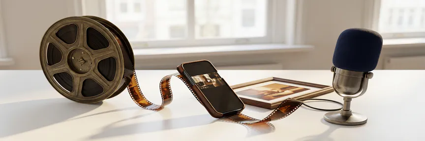 Filmrol op wit bureau transformeert naar smartphone, foto en podcastmicrofoon in Amsterdam studio met warm amberkleurig licht.