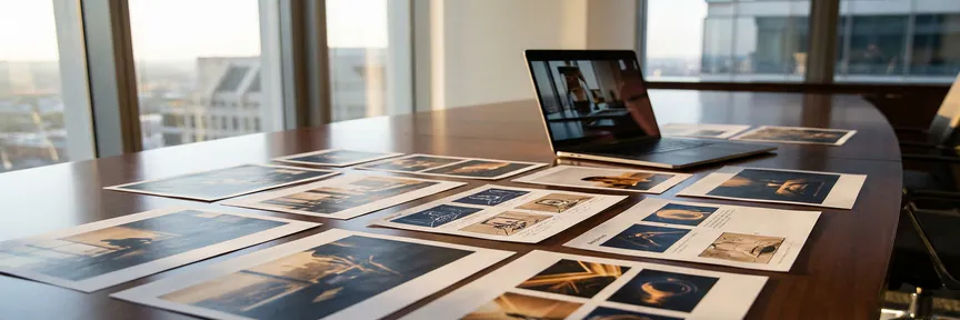 Vergadertafel met merkfotografie, storyboards en motion graphics frames naast een open laptop in een zakelijke boardroom.