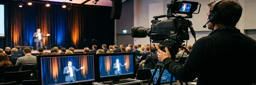 Cameraman filmt zakelijk evenement met spreker op verlicht podium, broadcast monitors op voorgrond, marineblauw en amber verlichting.
