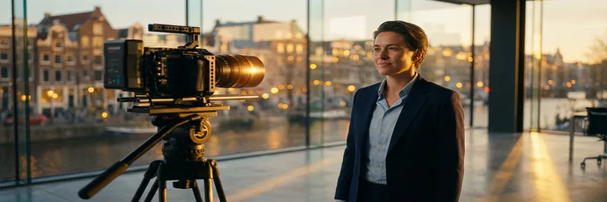 Professionele videocamera op statief gericht op zakenman in modern Amsterdams kantoor met gouden-uur licht en stadslichten op achtergrond.