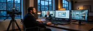 Videodirecteur bekijkt bedrijfsvideo's op meerdere monitoren in modern Amsterdam studio met cinema camera op de voorgrond.