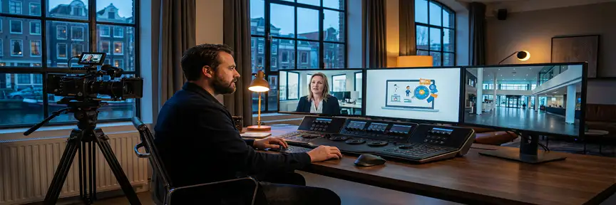 Videodirecteur bekijkt bedrijfsvideo's op meerdere monitoren in modern Amsterdam studio met cinema camera op de voorgrond.