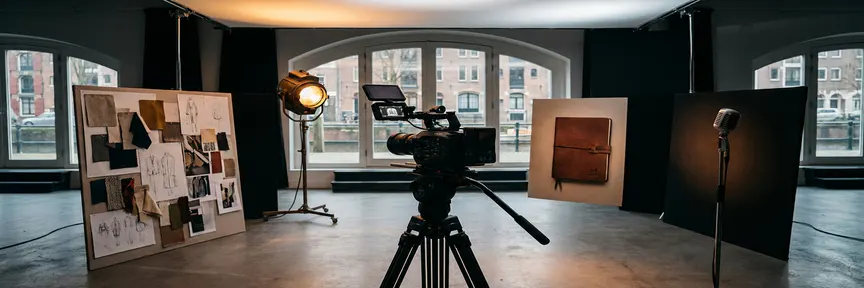 Professionele videocamera in Amsterdam-studio omringd door moodboard, spotlight, branded product en microfoon op betonnen ondergrond.