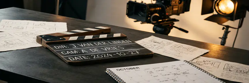 Openstaande filmklapper op een Amsterdamse studiodesk met storyboardschetsen en contentkalender, bioscoopscamera op de achtergrond.