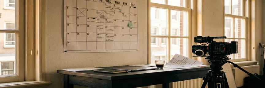 Wandkalender boven een Amsterdams studiobureaus met videocamera, shot lists en koffiekopje in warm middaglicht.