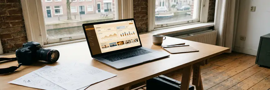 Laptop met contentdashboard op Amsterdams bureaubureau, omringd door camera, storyboards en clapperboard in warm natuurlijk licht.