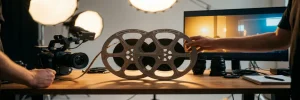 Professionele videocamera op Amsterdams studiobureaumet twee overlappende filmrollen voor marketing en HR-onboarding, warm amber monitorlicht.