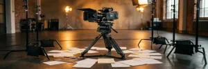 Professionele videocamera op statief in Amsterdamse studio met productie-facturen, clapperboard en tungstenverlichting.