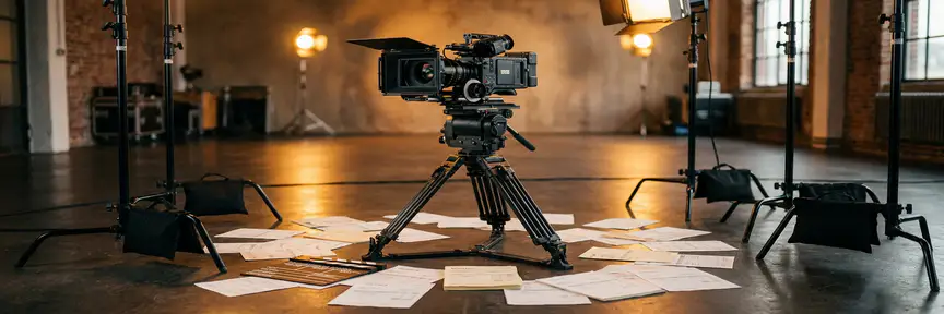 Professionele videocamera op statief in Amsterdamse studio met productie-facturen, clapperboard en tungstenverlichting.