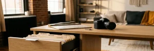 Open archieflade met gelabelde mappen, professionele camera, clapperboard en USB-stick op licht eiken bureau in moderne studio.