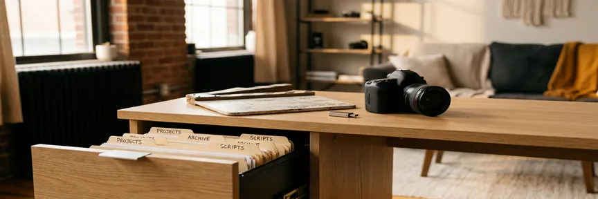 Open archieflade met gelabelde mappen, professionele camera, clapperboard en USB-stick op licht eiken bureau in moderne studio.