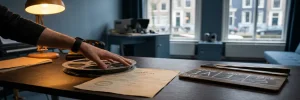 Videomonteur houdt hand boven filmrol en auteursrechtdocument op bewerkingstafel, met vintage clapperboard in Amsterdams creatief studio.