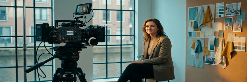 Professionele videocamera op statief filmt een medewerker in Amsterdamse studio met merkkleurenbord en cinematische belichting.