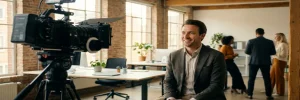Professionele videocamera op statief filmt een medewerker in een modern Amsterdams kantoor met bakstenen muren en warm redactioneel licht.