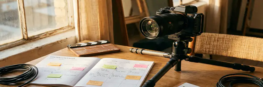 Professionele camera op statief naast een contentkalender en sticky notes op een Amsterdams studiobureaubureau, met clapperboard en warme goudtinten.