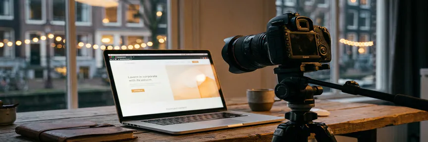 Professionele camera op statief gericht op laptop met zakelijke website, op modern bureau in Amsterdam studio met cinematische zijverlichting.