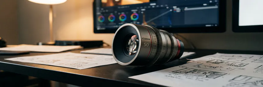 Professionele cameralens op een bewerkingsdesk met storyboardschetsen en een kleurgegradueerde monitor op de achtergrond.