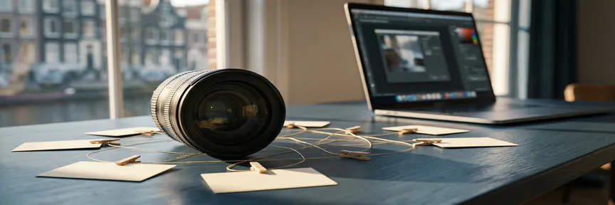 Professionele cameralens op een bureau met gouden draden die contentkaarten verbinden, laptop op de achtergrond, Amsterdams studio-interieur.