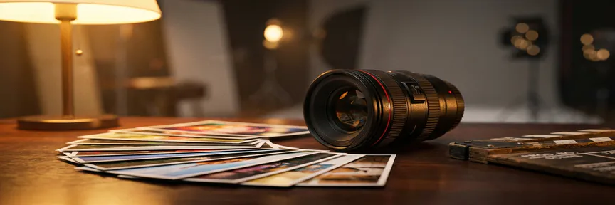 Professionele cameralens op donker bureau naast uitgewaaierde foto's en een filmklapper, verlicht door warm goudkleurig studiolicht.