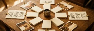 Bovenaanzicht van een houten bureau met cameralens als middelpunt, omringd door foto's en storyboards in spaakpatroon, warm amberkleurig licht.