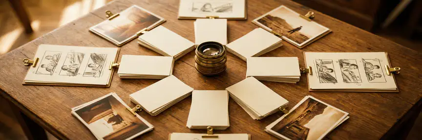 Bovenaanzicht van een houten bureau met cameralens als middelpunt, omringd door foto's en storyboards in spaakpatroon, warm amberkleurig licht.