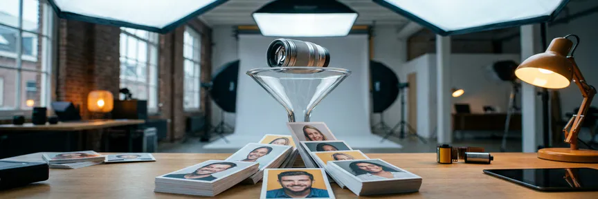 Cameraobjectief bovenop een glazen trechter met kandidaat-portretfoto's, professionele Amsterdam studio, zilver en amber tinten.
