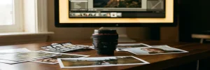 Professionele cameralens op een gepolijste studiodesk, omringd door gedrukte foto's met een zacht gloeiende monitor op de achtergrond.