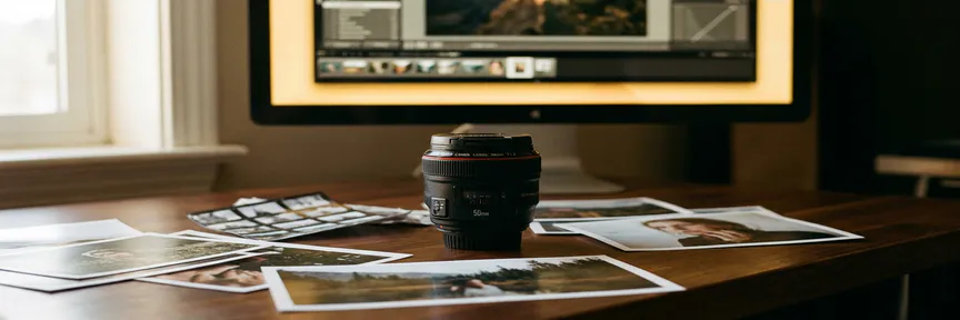 Professionele cameralens op een gepolijste studiodesk, omringd door gedrukte foto's met een zacht gloeiende monitor op de achtergrond.