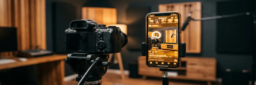 Professionele camera op statief gericht op smartphone met social media feed, ringlight reflectie, warm Amsterdams studio-interieur.