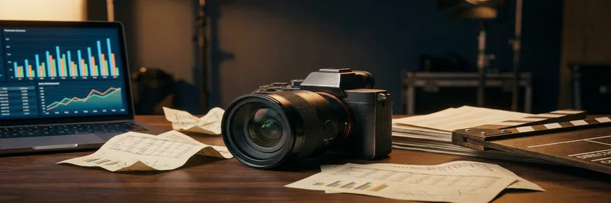 Professionele camera op studiodesk met analytics-uitdraaien, laptop met prestatiegrafieken en clapperboard in warm amberkleurig licht.