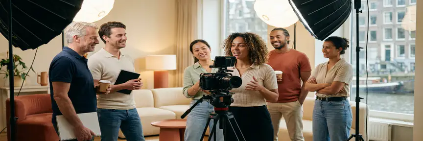 Collega's filmen een spontaan interview in een modern Amsterdams kantoor, met warme crème- en terracottakleuren en zachte studioverlichting.