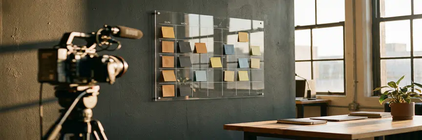 Contentkalender met kleurrijke sticky notes aan studiovand, naast een professionele videocamera op statief in warm Amsterdams daglicht.