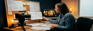 Contentmanager bekijkt storyboard op kurken prikbord in Amsterdams studio met camera, monitor en shotlijsten in warm amberkleurig licht.