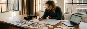 Contentmarketeer schetst een contentkalender aan houten bureau met camera, moodboards en laptop in zonnig Amsterdams studio.