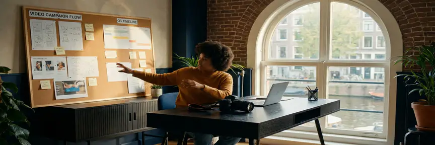 Contentstrateeg bekijkt storyboard met shot lists en campagnetijdlijnen in een modern Amsterdams creatief studio.