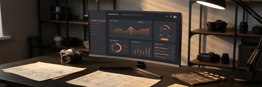 Contentdashboard op monitor omringd door storyboardframes, cameralens en clapperboard op studiodesk, warme oranje en grijstinten.