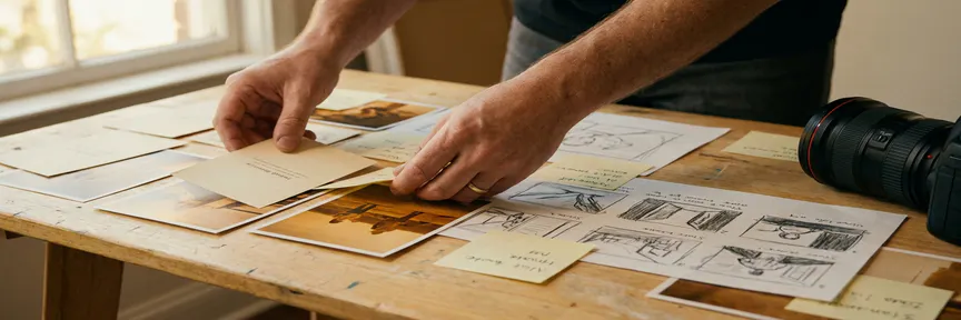 Creatief directeur ordent moodboard met persona's, storyboardschetsen en sticky notes op licht houten bureau, professionele cameralens op de voorgrond.